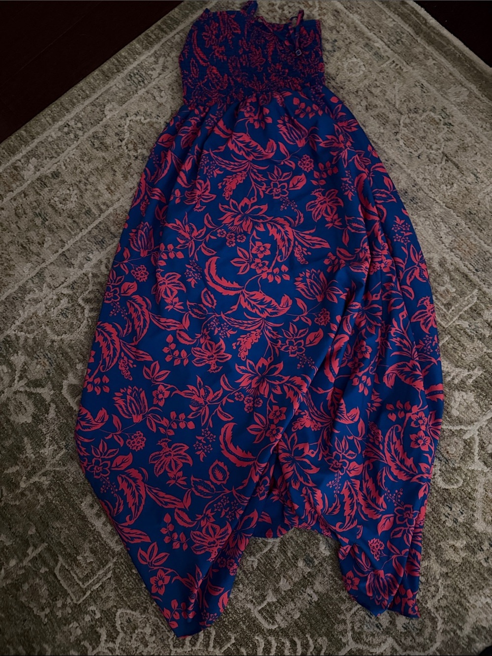 Sleeveless Royal Blue Maxi Dress with Coral Pink Floral Print